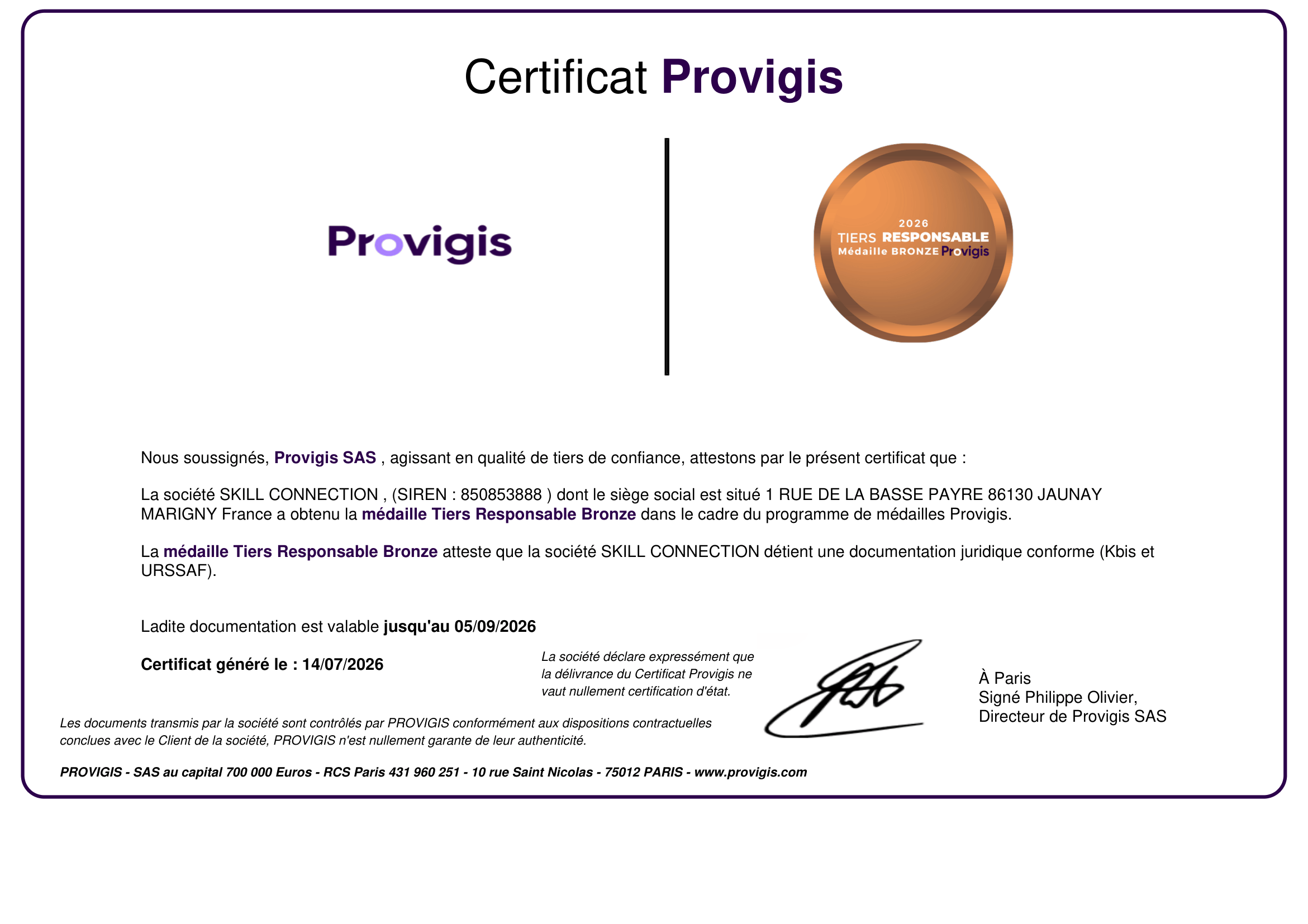 Certificat Provigis - Médaille Tiers Responsable Bronze obtenue par Skill Connection